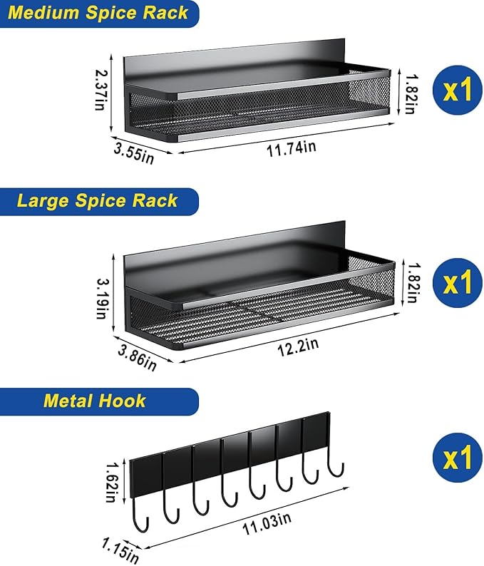 Magnetic Spice Rack for Refrigerator, 3 Pack Magnetic Shelf, Moveable Magnetic Fridge Organizer with 10-Hook Rack, Seasoning Organizer for Kitchen Organization and Storage