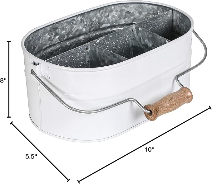 Alpha Living Home - Rustic Galvanized Metal Utensil Caddy – 4-Compartment Organizer with Removable Handle, White Farmhouse Chic Design for Kitchen, Picnics & Parties (13.5"x10"x5.5")