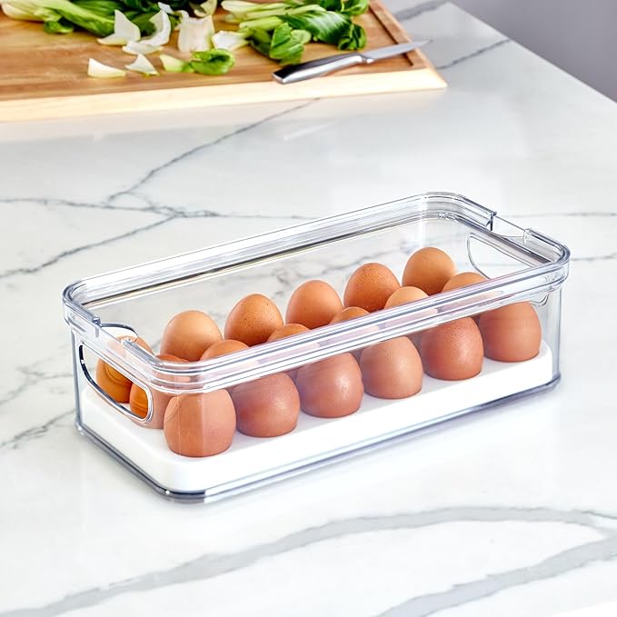iDesign Crisp Plastic Refrigerator and Pantry Egg Bin, Modular Stacking Food Storage Box for Freezer, Fridge, Holds up to 18 Eggs, BPA Free, 12.72" x 6.32" x 3.88", Clear and White