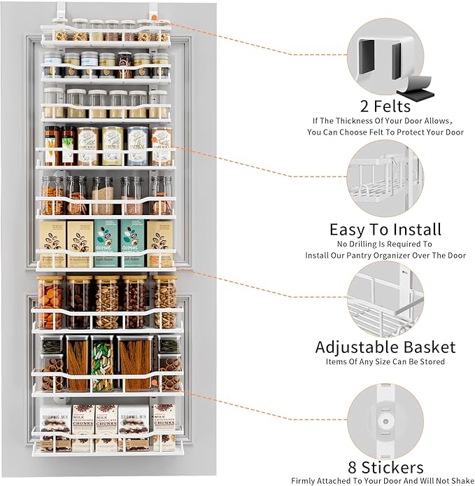 Over The Door Pantry Organizer, 9-Tier Over The Door Organizer with Adjustable Baskets, Metal Hanging Spice Rack for Pantry Organizers and Storage, Suitable for Kitchen Laundry Room & Bathroom, White