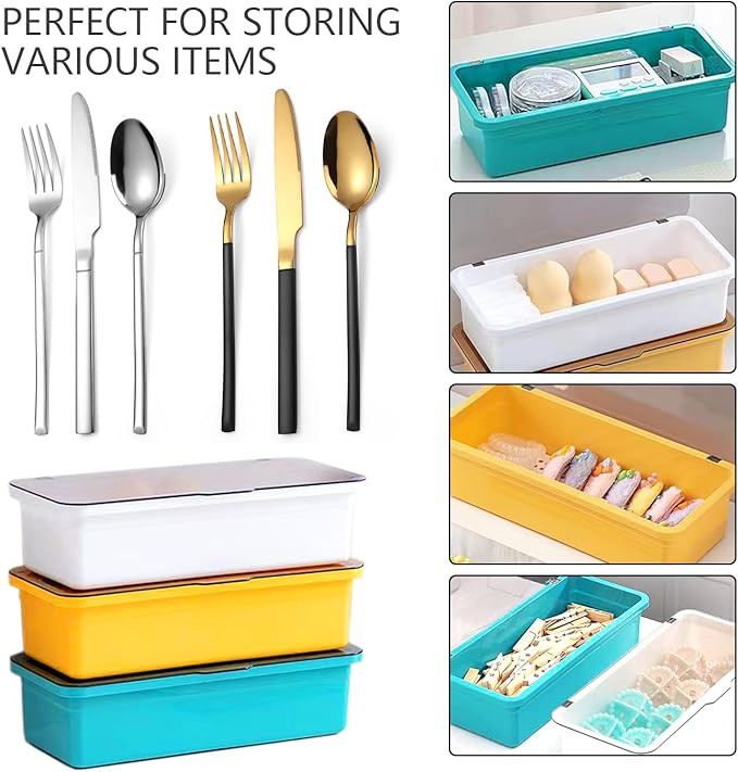 Flatware Tray with Lid,Silverware Tray Kitchen Cutlery Tray and Utensil Storage Container for Flatware and Silverware (Blue), KH1620