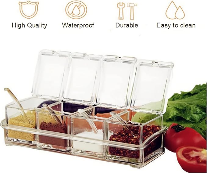 KNC Transparent Seasoning Rack Spice Pots, Storage Container Condiment Jars, 4 Piece Acrylic Seasoning Box with Cover and Spoon, Spice Rack Organizer for Kitchen, Counter, Food Storage