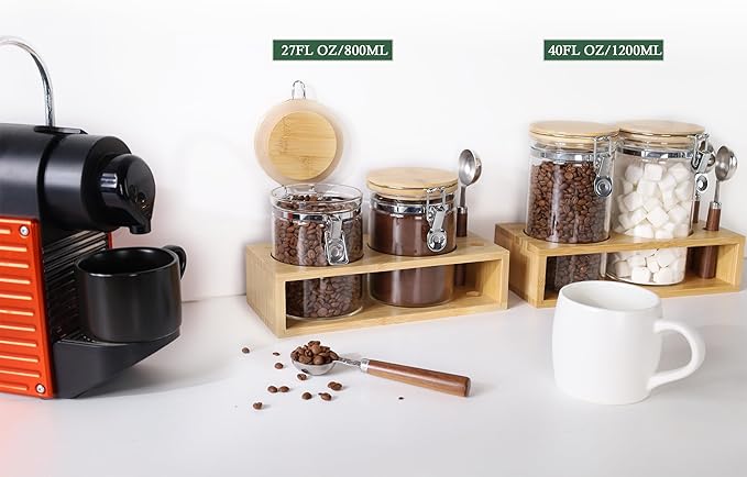 KKC HOME ACCENTS Airtight Clear Glass Coffee and Tea Storage Jars with Lids and Scoops, Air tight Sealed Coffee bean Containers with Clamp Lids for Ground Coffee,Sugar,Loose Leaf Tea,Matcha, 27 FL OZ