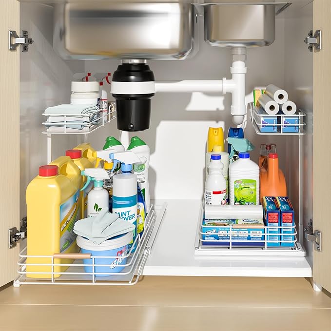 LAMU 2Pack Under Sink Organizers and Storage, 2 Tier Bathroom Kitchen Cabinet Organizers and Storage, Pull Out Under Sink Storage Kitchen Shelf Organizer for Under Counter Storage Organizer, White
