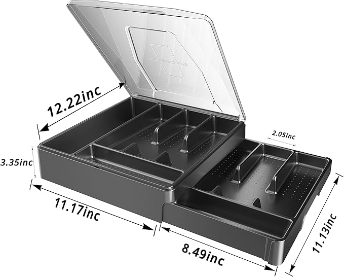 Double Layer Silverware Tray with Lid, Drawer Organizer for Utensil Tray, Cutlery Storage Holder with Cover, Black