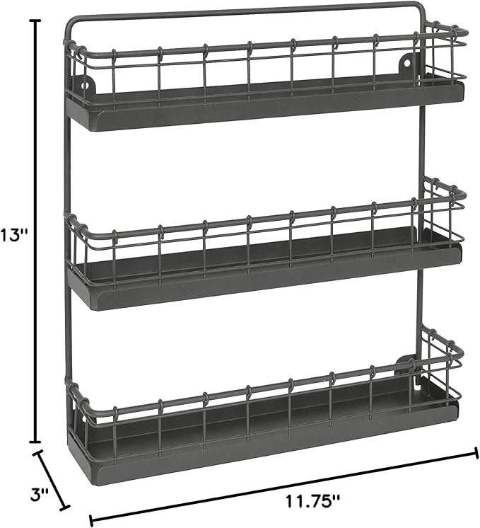 Spectrum Diversified Storage for Kitchen, Pantry, Cabinet, Industrial Gray Vintage Wall-Mount 3-Tier Spice Rack, Large