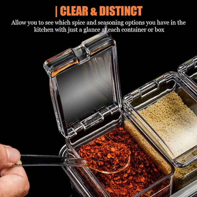 V·RESOURCING Clear Seasoning Box, 3 Pieces Seasoning Rack Spice Pots Storage Container for Spice Salt Sugar Cruet Liquid,Condiment Jars with 3 Spoons