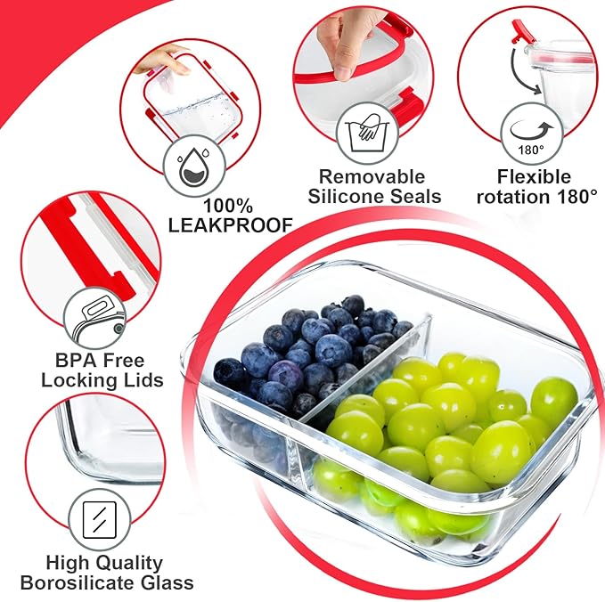 VERONES 10 Pack Glass Meal Prep Containers 2 Compartment Set, 36OZ Airtight Glass Lunch Containers, Glass Food Storage Containers with Lids, for Microwave, Oven, Freezer & Dishwasher Friendly,Red