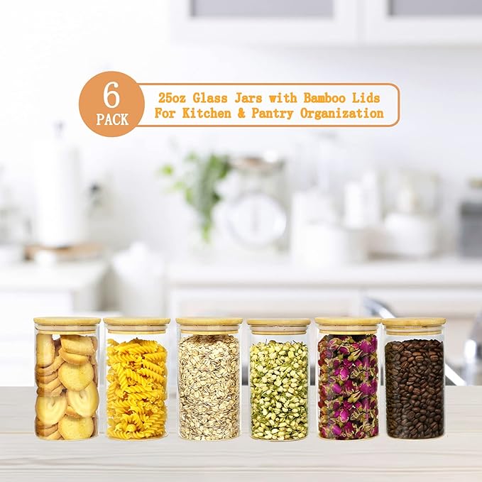 25oz Glass Jars with Airtight Bamboo Lids and Labels, Glass Food Storage Containers for Kitchen Pantry Organization for Coffee Tea Candy Cookie Nuts(6 Pack)