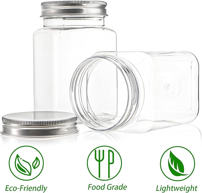 Bekith 12oz Clear Plastic Jars with Lids, Set of 16 Airtight Container for Food Storage, Refillable Square Empty Plastic Jars for Dry Food, Peanut Butter, Honey and Jam Storage