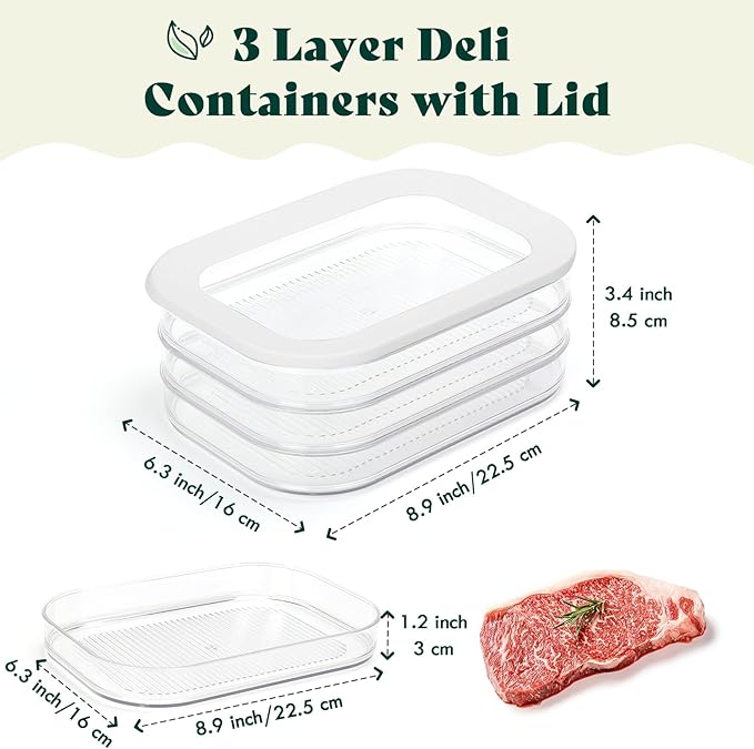 Deli Meat Container for Fridge, 3 Layer Stackable Bacon Lunch Meat Organizer for Refrigerator, Cold Cuts Storage Container with Lids & Clip for Ham,Salami, Sandwich, Cheese & Lunchmeat,18.6oz
