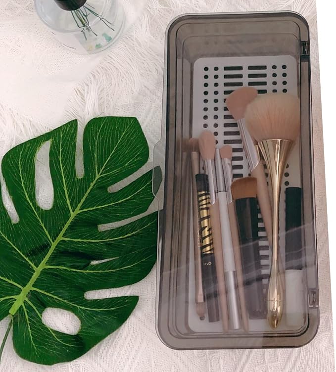 Flatware Tray Kitchen Drawer Organizer With Lid And Drainer - Plastic Kitchen Cutlery Tray and Utensil Storage Container with Cover 10.0 Inch - Dinnerware Holder for Spoons Forks Knives Coffee