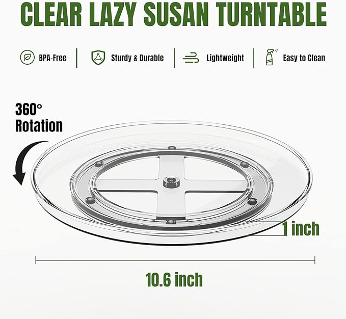 10.6 Inch Clear Lazy Susan Turntable Cabinet Organizer, Rotating Spice Rack Pantry Organization and Storage for Kitchen, Bathroom Makeup Vanity Countertop, Fridge,4-Pack
