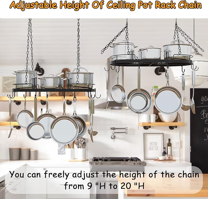 24.4” Metal Pot Rack Hanging, Oval Pan Rack Hanging with Hooks, Heavy Duty Ceiling Pot Rack with Grid, Pot and Pan Hangers for Kitchen Cookware Utensils Toiletries, Easy Assembly, Black