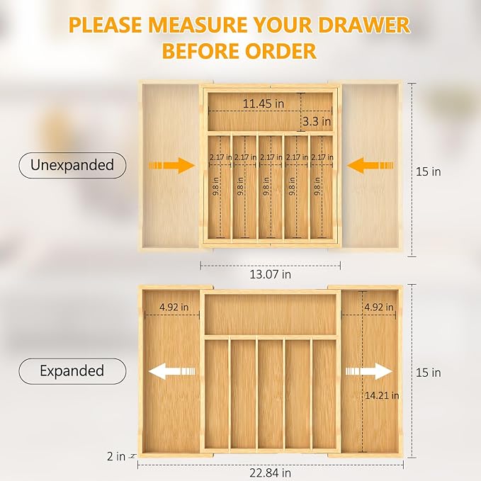 Bamboo Kitchen Drawer Organizer, 13" to 23" Expandable Utensils Organizer and Cutlery Tray Holder, Drawer Divider for Silverware, Flatware