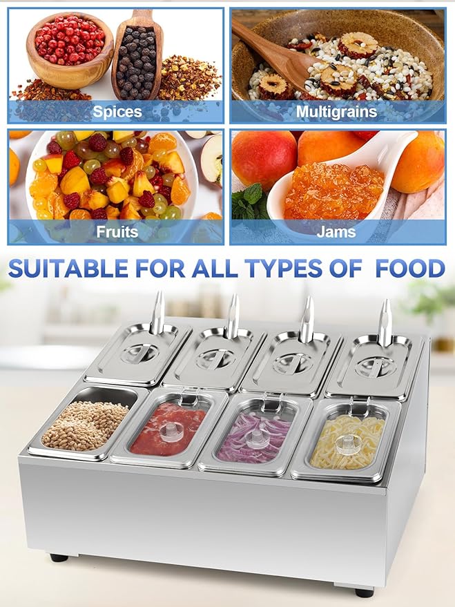 Lanstics 8 Pans Spice Rack Shelf 2 Row Stainless Steel Spice Organizer Stand with Lids Spoons Countertop Inclined Holder Buffet Containers Set for Sauce Jam Fruits Ingredient Kitchen Restaurant Pantry