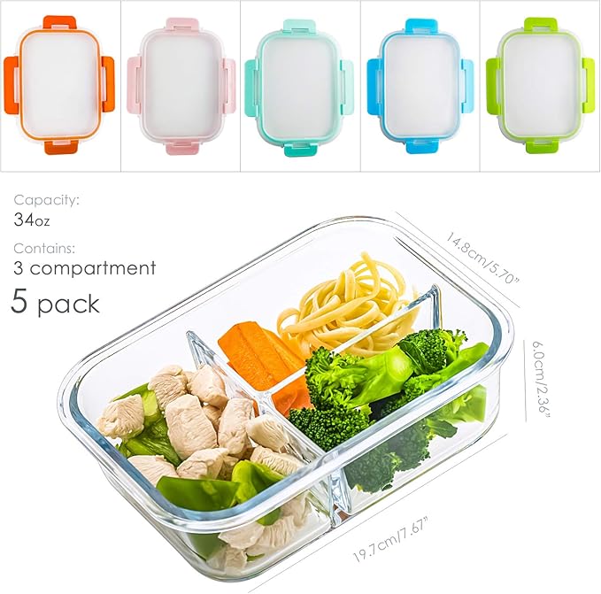 C CREST 5-Pack,3 Compartment Glass Meal Prep Containers Set,34oz, Divided Glass Food Storage Containers with Lids, Glass Lunch Box with Dividers