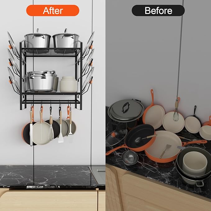 24 Inch Pot Rack Wall Mounted, 2 Tier Pots and Pans Organizer with 10 Hooks and 6 Pot Lid Holders, Heavy Duty Steel Pot and Pan Hanger for Kitchen Cookware Utensils Storage 24" Lx13 Wx20.5 H