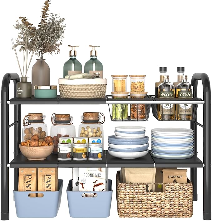 Expandable Under Sink Organizer, 2 Tier Under Sink Shelf with 2 Removable Baskets and 6 Removable Panels for Cabinet Sink Cloakroom Wardrobe Closet Storage(Black, 17.71”-32”Length