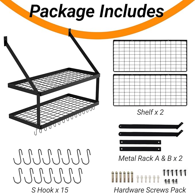Square Grid Wall Mount Pot Rack with 2-Tier 15 Hooks, Kitchen Cookware Hanging Organizer Storage Shelf, 29.5 by 13.7-inch Black, KPR300B-BK