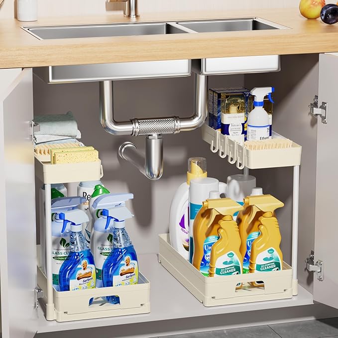 Delamu 2 Pack Under Sink Organizers and Storage, L-Shape Beige Under Bathroom Kitchen Sink Organizer with Drawer for Under Sink Storage Organizer