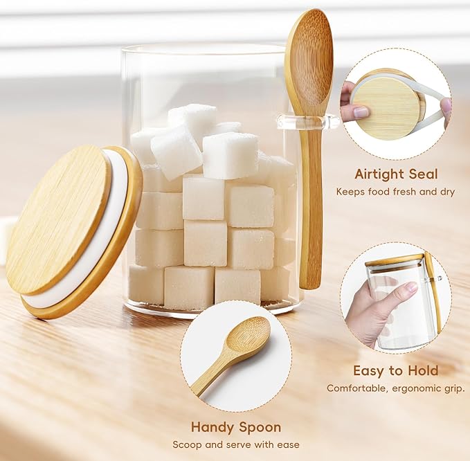 Sugar Jar Glass Salt Container,15 Ounces Clear Airtight Caning with Bamboo Lid and Spoon Scoop, Storage Overnight Oats, Salts, Coffee Bean, Spice, Creamer, Food Organizer, Pack of 1