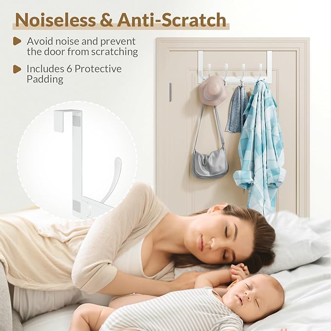 2 Packs Over The Door Hooks with 4 Tri Hooks, Heavy Duty Over Door Hanger for Bathroom Closet Bedroom Kitchen Dorm Room, Towel Coat Rack Home Organizer for Hanging Clothes Coat Hat Jacket (2, White)