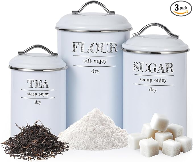 GarveeHome 3 Pcs Flour Sugar Tea Canister Set, Vintage Food Sealed Storage Jars with Airtight Lids, Rustic Metal Kitchen Canisters Set for Flour, Sugar, Tea, for Countertop Farmhouse Decor, White