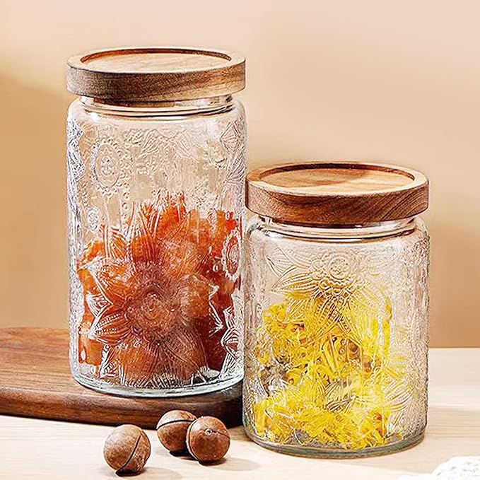Vintage Glass Jars with Wooden Lids, 24 oz Airtight Glass Food Storage Containers Sets for the Kitchen, Sugar Coffee Tea Cookie Candy Spice Pasta(Sunflower)