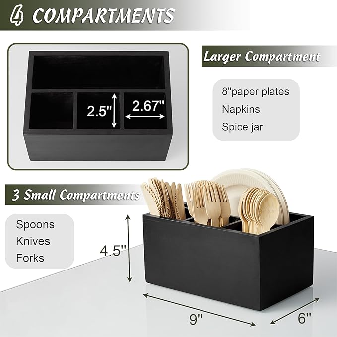DRASTAR Silverware Caddy, Wooden Utensil Holder, Picnic Cutlery Holder, Black Silverware Holder, Plastic Silverware Caddy for Party, Countertop, Camping