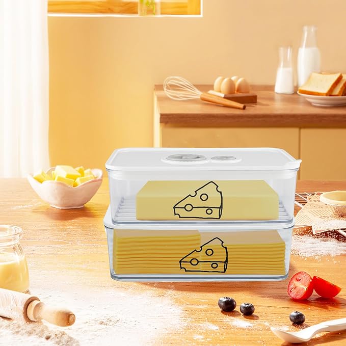 2 Pcs Cheese Container for Refrigerator,Cream Cheeses Storage Box,Cheese Keeper with Airtight Lid and Time Recording,BPA-Free Kitchen Storage Organizer Sliced,Grated,Cheddar Cheeses Saver