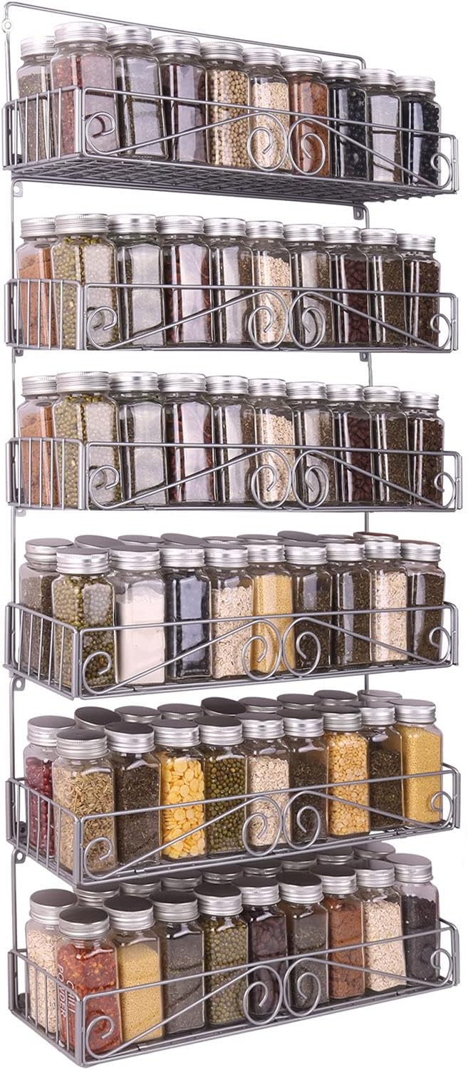 SWOMMOLY Wall Mount Spice Rack, 6 Pack Large-capacity Spice Racks, Stackable Foldable Spice Cans Organizer Shelf,Silver