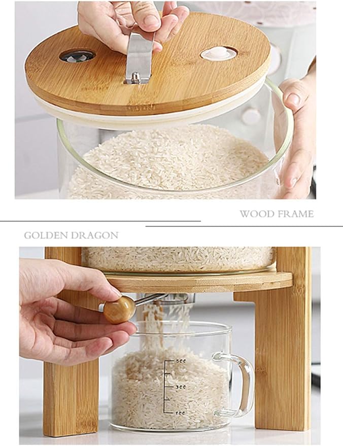 Flour and Cereal Container, 5L/8L, Rice Dispenser, Creative Glass Food Storge Container for Kitchen Organization and Pantry Store, Airtight Lid and Wooden Stand8L