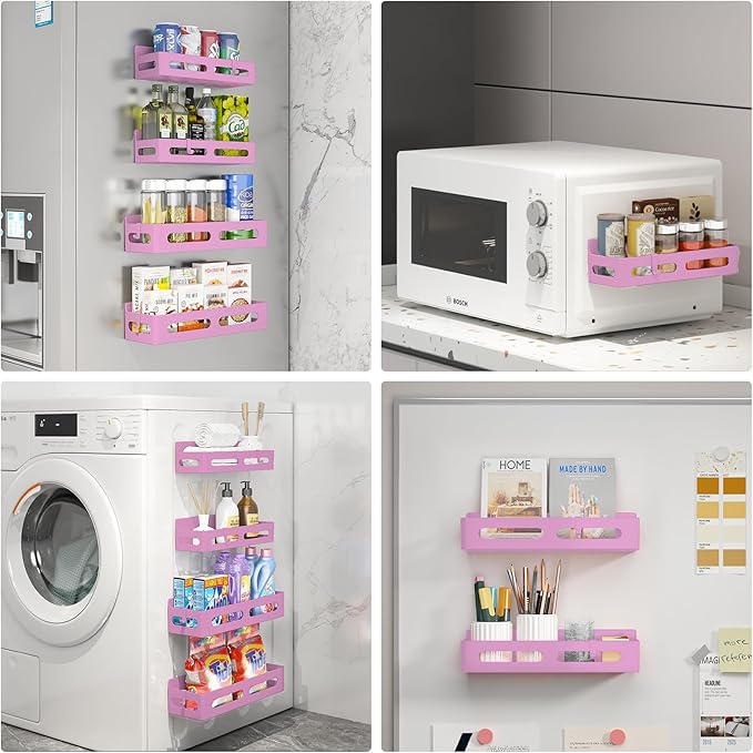 4 Pack Magnetic Spice Rack for Refrigerator, Spice Rack Organizer, Moveable Magnetic Shelf Fridge Organizer with 4 Hooks for Kitchen and Oven Organization, Pink