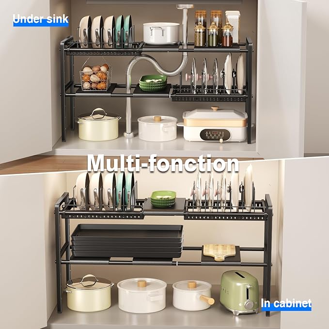 Pots and Pans Organizer Under Cabinet, Expandable 2 Tier Under Sink Organizers and Storage Adjustable Height Kitchen Pot and Pan Lid Holder Rack with 12 Dividers Under Cabinet Shelf(Black)