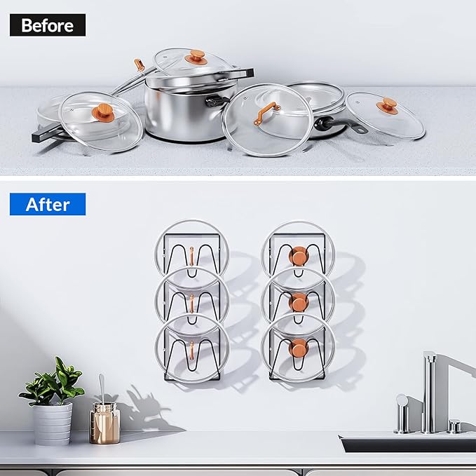 2 Pack Pot Lid Organizer 6-Tier Pots and Pans Organizer Rack for Cabinet Door,Wall & Kitchen Storage No-Drill Adhesive Pot Lid Holder Wall Mount