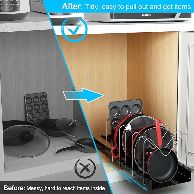 Pull Out Pots and Pans Organizer for Cabinet - Sliding Lid Holder and Pan Rack in Kitchen, Cabinet Pull Out Shelves, Slide Out Cabinet Organizer, Pot Lid, Bakeware and Pan Organizer, Set of 2 Packs
