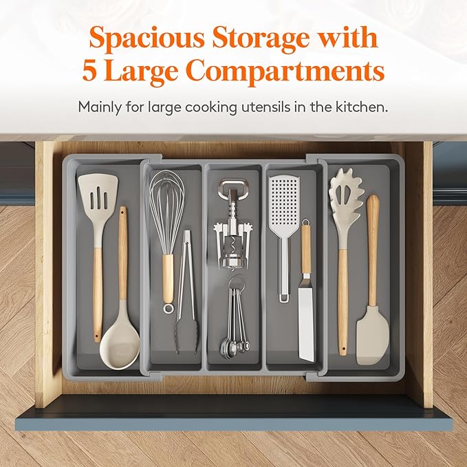 Lifewit Utensil Organizer for Kitchen Drawers, Expandable Cooking Utensil Tray, Adjustable Cutlery Silverware Flatware Holder, Plastic Kitchen Spatula Tools and Gadgets Storage Divider, 2 Pack, Gray