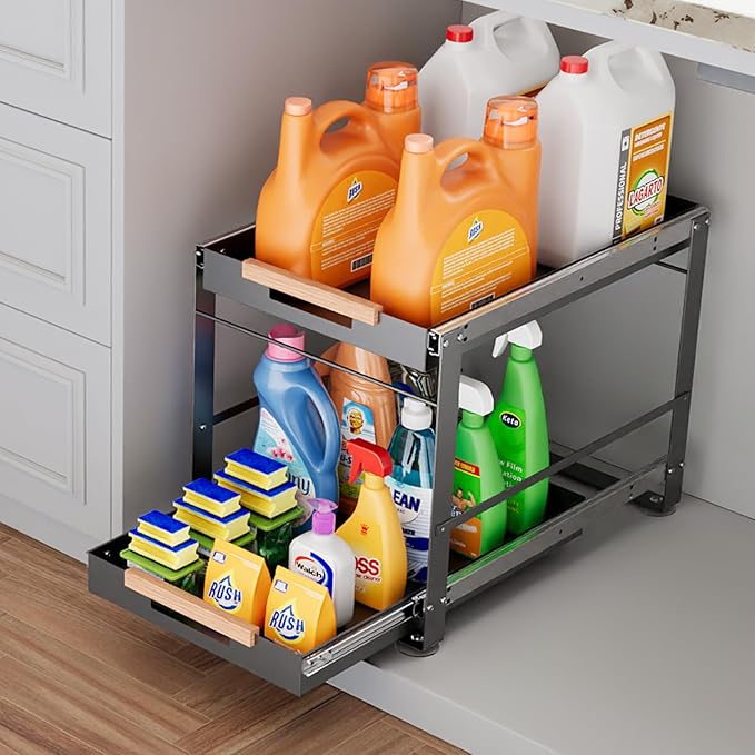 Under Sink Organizer, Pull Out Cabinet Organizer 2 Tier Slide Out Sink Shelf Cabinet Storage Metal Shelves, Sliding Under Sink Storage for Kitchen Bathroom Laundry Cabinet, Grey, 1 Pack (Gray)