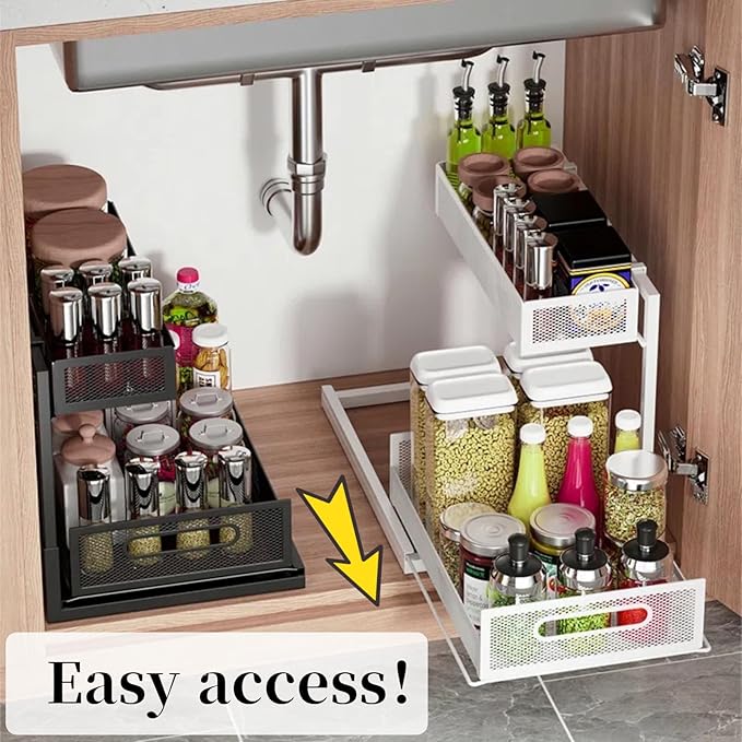 Undersink Organizers 2-Tier Under Cabinet Pull Out Storage with Sliding Out Drawers, Under Sink Organizer for Bathroom Kitchen Durable Wire Rack Shelf Space-Saving Organization, White 1 Pack