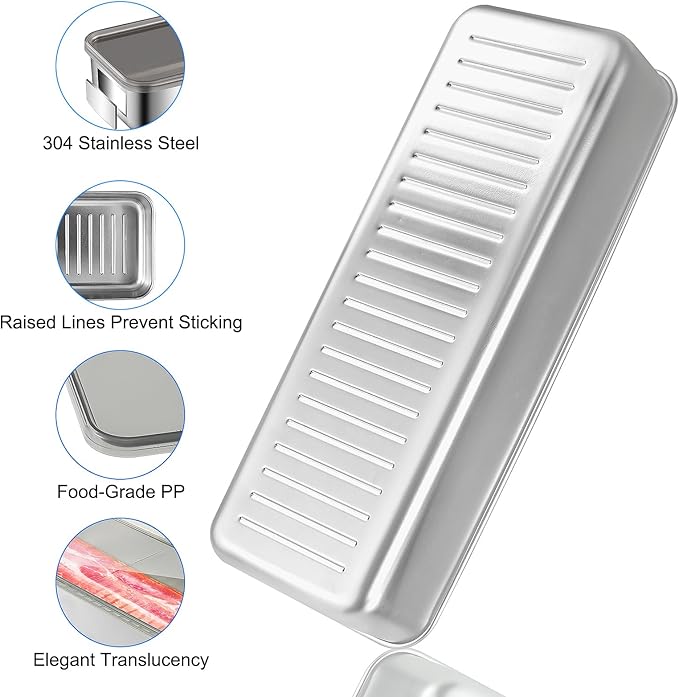 Bacon Container for Refrigerator - 304 Stainless Steel Fridge Storage, Fresh Keeper for Deli Meat, Airtight With Lids, Dishwasher Safe