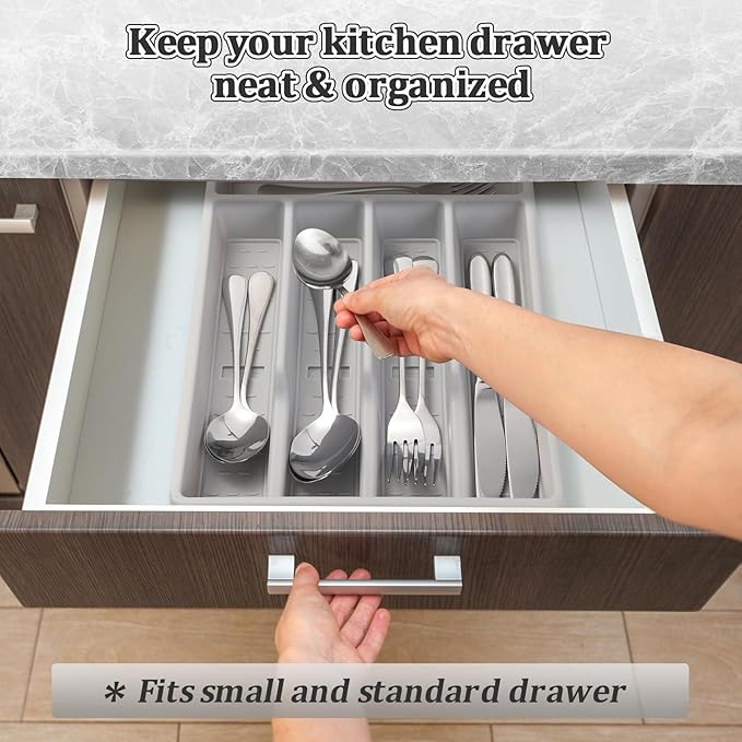 Silverware Organizer with Cutlery Icons,Silverware Tray for Kitchen Drawer,Plastic Flatware Tableware Cultery Drawer Organizer Utensil Organizer with Non-slip TPR Linings,5-Compartment,Grey