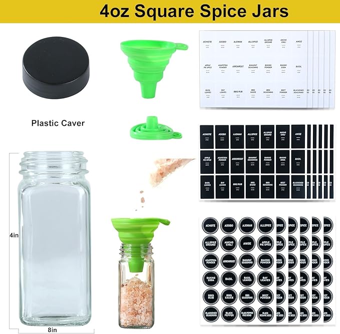 Spice Jars with Labels,4oz Black Seasoning Containers Jars Bottles with Shaker Lids for Rack, Cabinet, Drawer,Empty Square Condiment Pots (48)