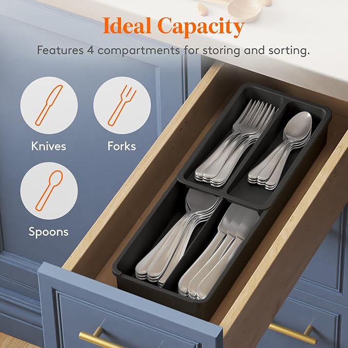 Lifewit Compact Silverware Organizer for Kitchen Drawer, Narrow Flatware Tray Holder, Plastic Cutlery Spoons, Forks and Knives Storage, Black, 3 Pack