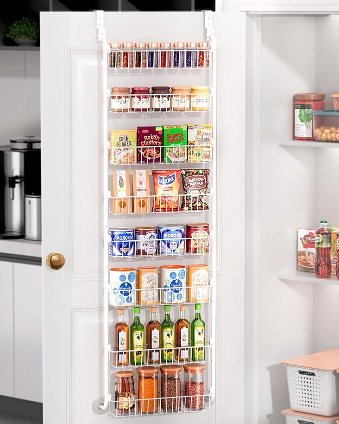 LAMU Over The Door Pantry Organizers and Storage, 8-Tier Hanging Spice Rack, Home & Kitchen Storage Shelves for Cabinet, Large Capacity Seasoning Organizer, Laundry Room Organization, White