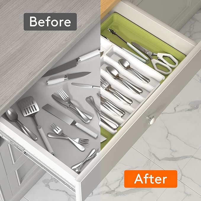 Lifewit Silverware Drawer Organizer, Expandable Utensil Tray for Kitchen, BPA Free Flatware and Cutlery Holder, Adjustable Plastic Storage for Spoons Forks Knives, 2 Pack, Green&White