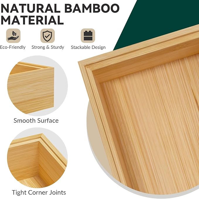 Bamboo Drawer Organizer, Small Silverware Organizer for Kitchen Drawer, Stackable Utensil Organizer, 2 Pcs Flatware Organizer for Drawer, Wooden Storage Box Tray (Bamboo, 6 X 3 X 2 Inch)