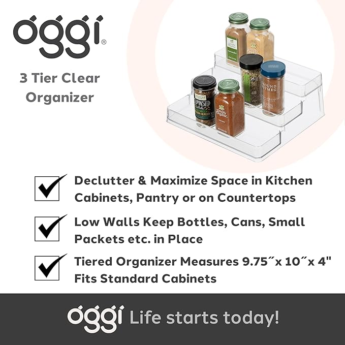 Oggi 3 Tier Spice Organizer & Pantry Storage- For Shelf, Kitchen Cabinet, Spice Rack, Pantry Organization and Storage, Clear Shelves