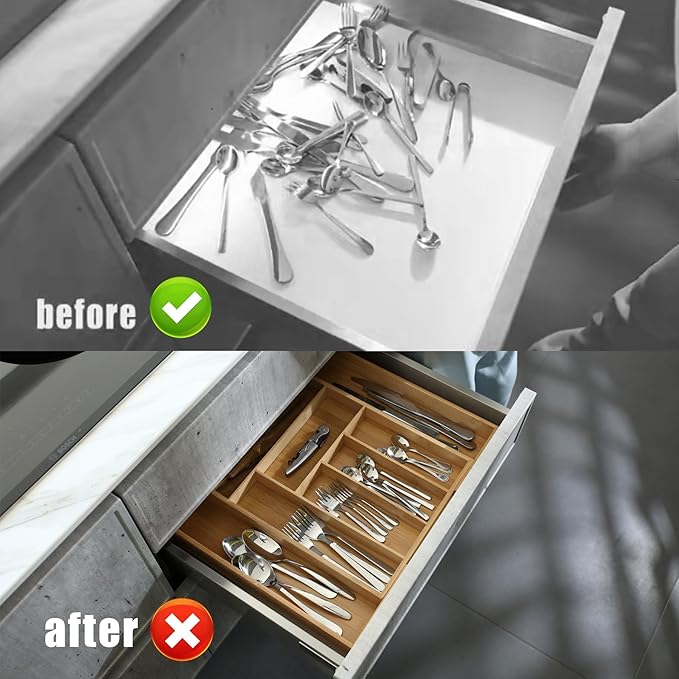 Expandable Bamboo Silverware Drawer Organizer for kitchen, bamboo drawer organizer of 8 Compartments, Flatware and Kitchen Utensils organizer(Natural)