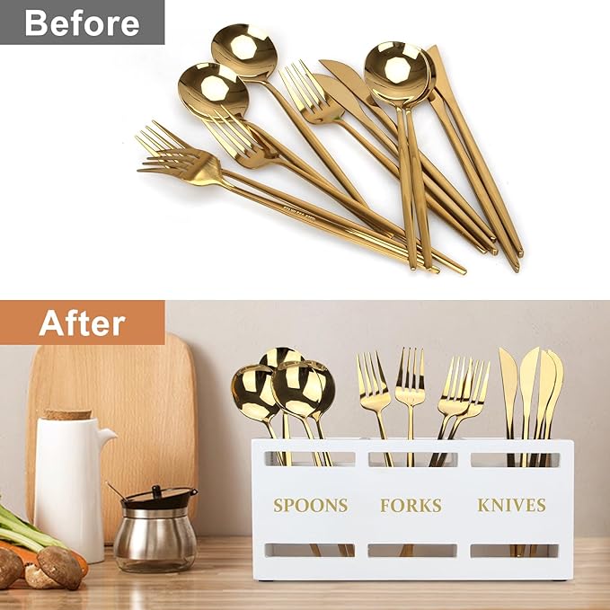 Ayiaren Wood Flatware Silverware Caddy White Cutlery Holder Kitchen Utensils Holder for Party Wooden Silverware Organizer for Countertop Knife Spoon and Fork Holder Table Utensil Caddy Organizer